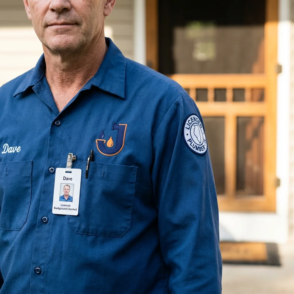 Licensed plumber showing ID badge in Montgomery, WV