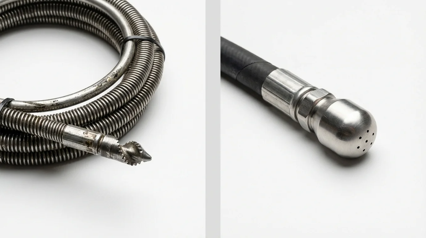Drain snake cable and hydro jetting nozzle used for drain cleaning in Montgomery, WV
