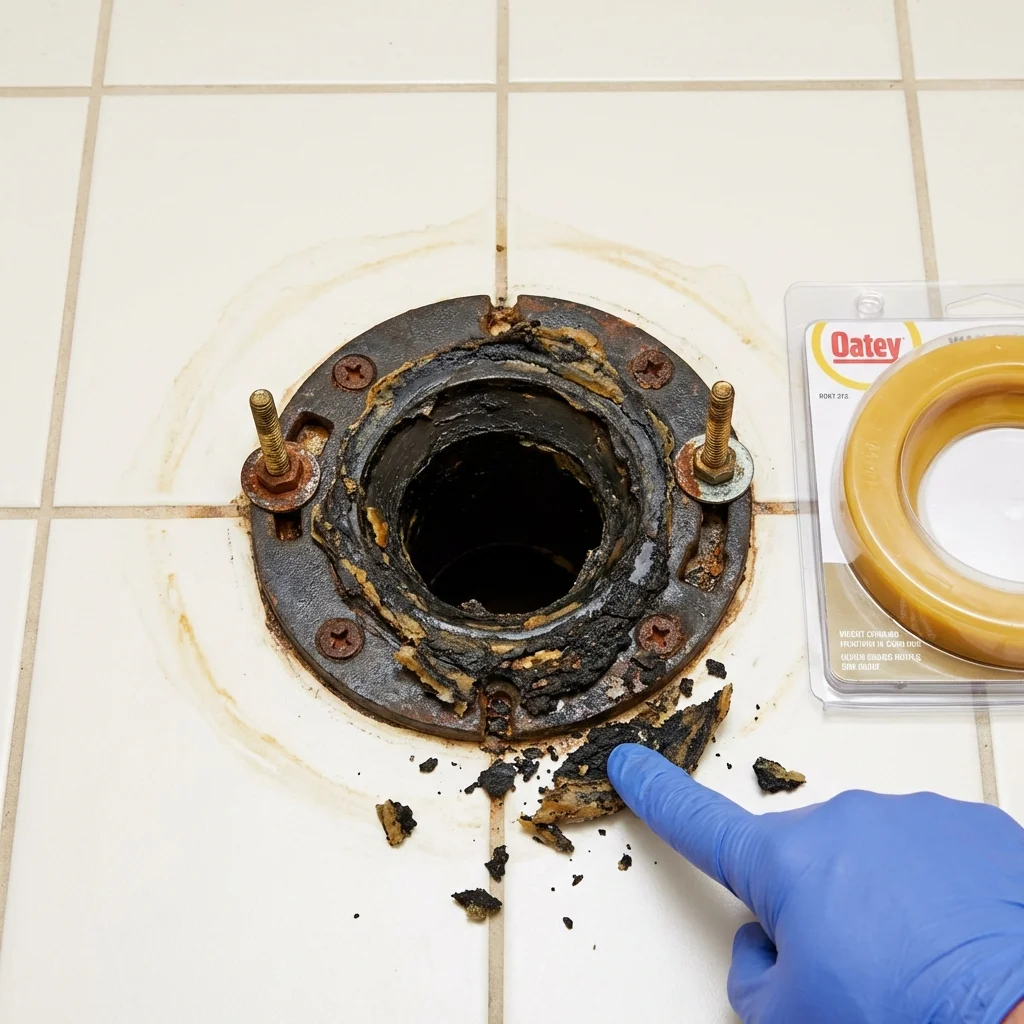 Failed wax ring showing water seepage at the base of a toilet in a Montgomery, WV home